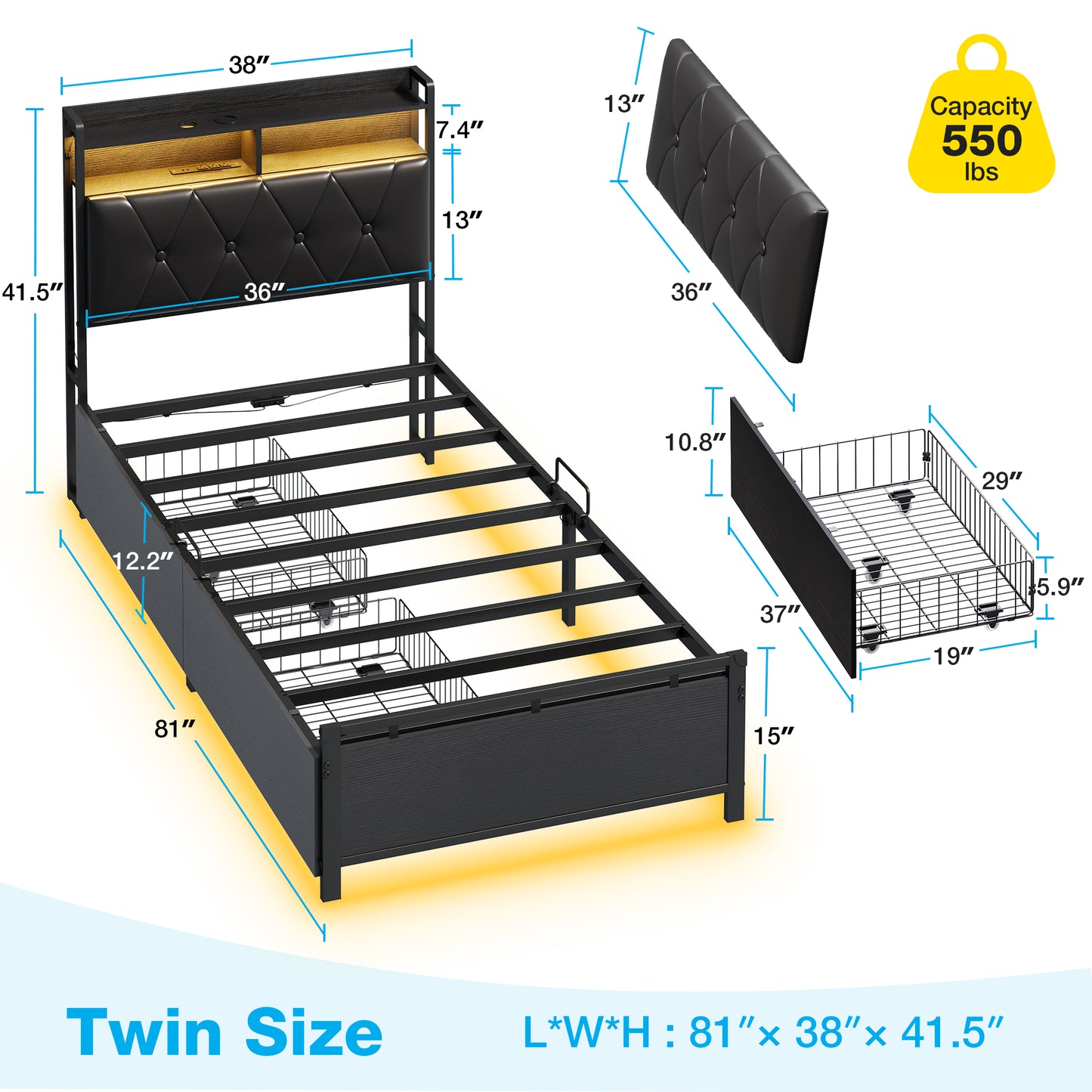 14" Twin Size LED Bed Frame with Built in Charging Station & 2 Storage Drawers, Metal Platform Bed Frame with 2-Tier Storage Headboard, Noise-Free/Metal Support, Black