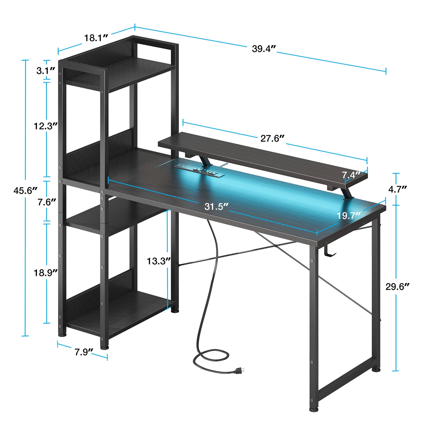 40 inch Reversible Gaming Desk with Power Outlets & LED Lights, Computer Desk with Storage Shelves and Monitor Stand, Small Gamer Desk for Small Space, Carbon Fiber Black