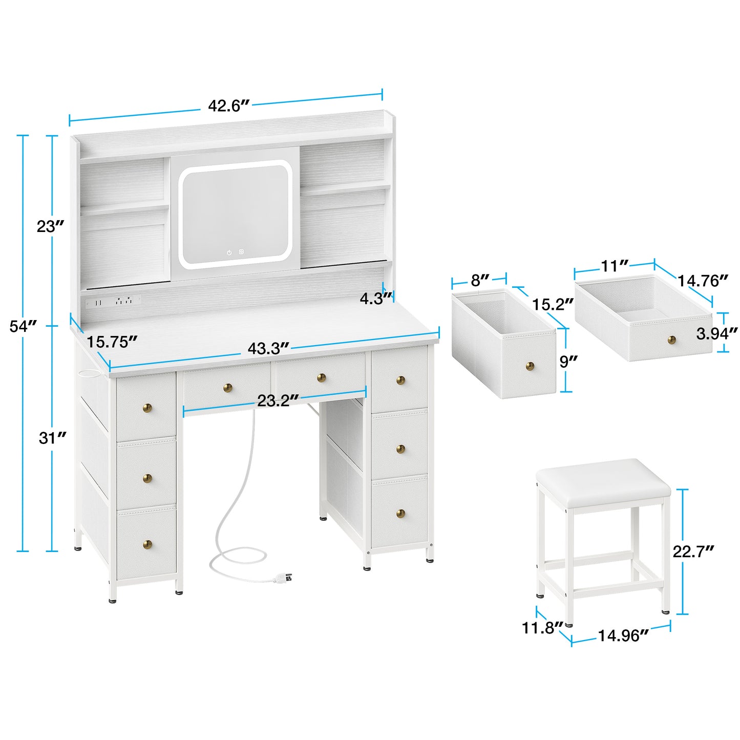 44 inch Vanity Desk with Charging Station & Mirror for Small Space, Make up Table with 8 Storage Drawers for Bedroom, Dressing Table with Storage Shelves, Pure White