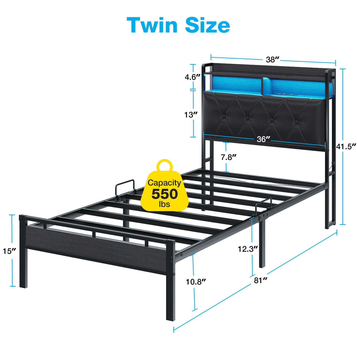 Twin Size Platform Bed Frame with 3 Outlets & 2 USB Charging Ports, Modern Metal Bed with Storage Headboard and Led Lights, Steel Slat Support, Black