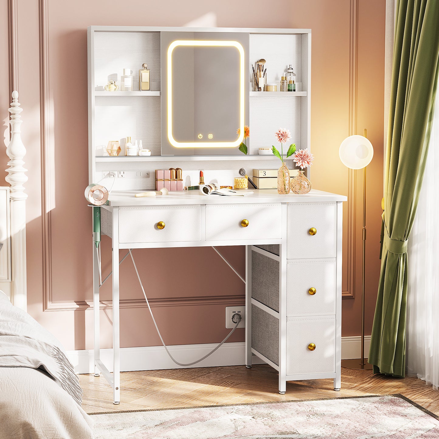 36 inch Reversible Vanity Desk with Charging Station & Mirror for Small Space, Make Up Table with 5 Storage Drawers for Bedroom, Dressing Table with Storage Shelves, Pure White