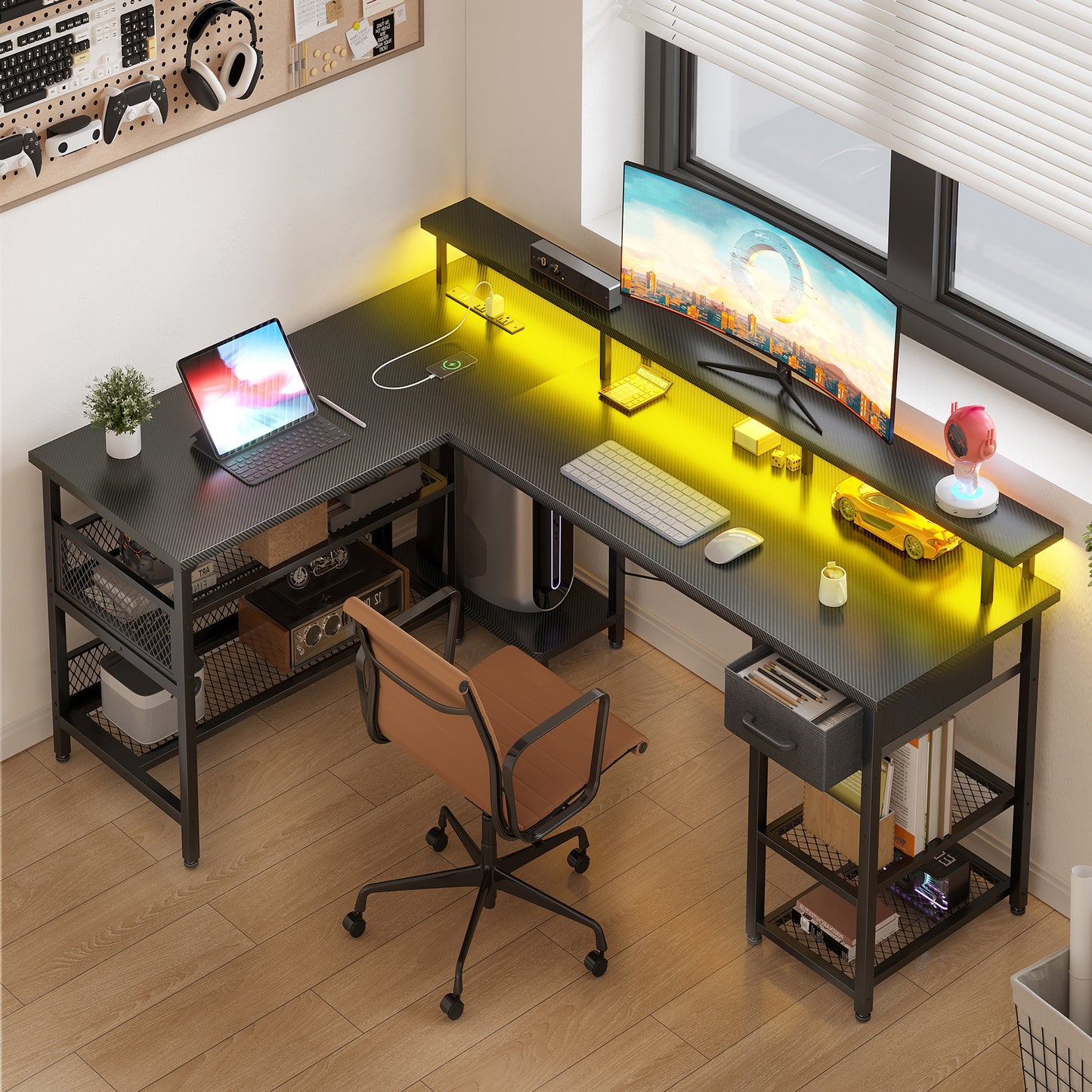 Reversible 59 inch L Shaped Computer Desk with LED Lights & Power Outlet, Gaming Table with Monitor Stand & Storage Drawer, Corner Desk with Storage Shelves, Pure Black