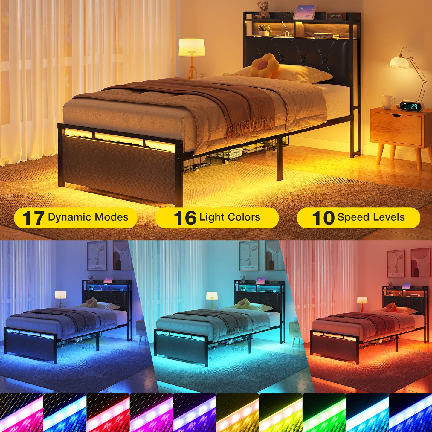 14" Twin Size LED Bed Frame with Built in Charging Station & 2 Storage Drawers, Metal Platform Bed Frame with 2-Tier Storage Headboard, Noise-Free/Metal Support, Black