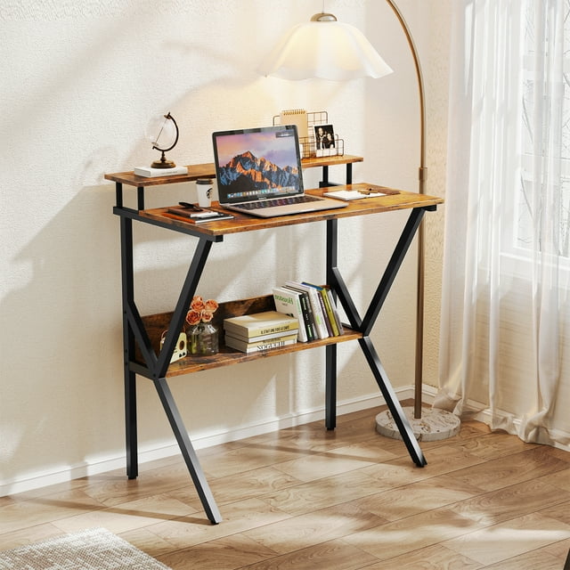 Small Computer Desk with Monitor for Kid, 27.5 inch Studying Writing Table for Home Office, Modern Style Computer Desk for Small Space with Storage Shelf, Vintage