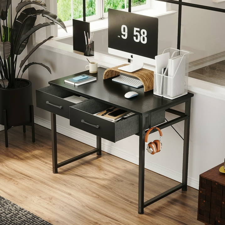 32 Inch Black Writing Desk with 2 Fabric Drawers, Modern Study Table with Storage for Student/Kids, Small Computer Desk for Small Space, Home Office Desk