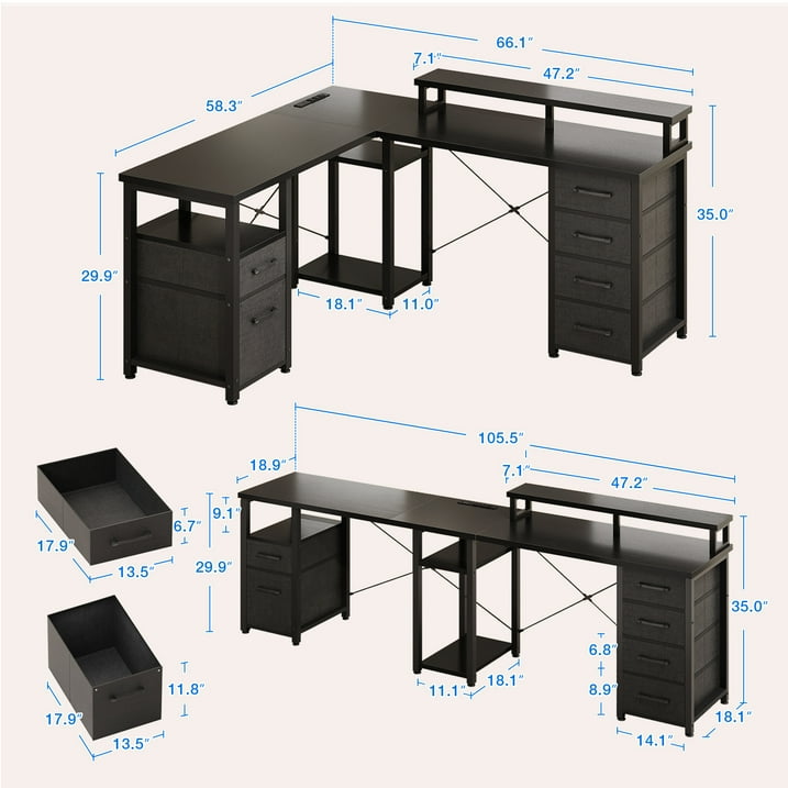 L Shaped Desk with Drawer, 59 inch Computer Desk with Monitor Stand, Reversible Corner Desk, Gaming Desk with Storage Shelves, Home Office Desk, Black