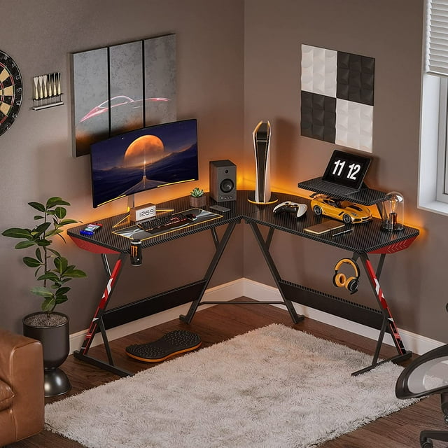 51" L Shaped Gaming Desk, Real Carbon Fiber Coated, Gaming Desk Table with Large Monitor Riser Stand for Home Office, Sturdy Writing Workstation, Gaming Desk with Shelf, Black