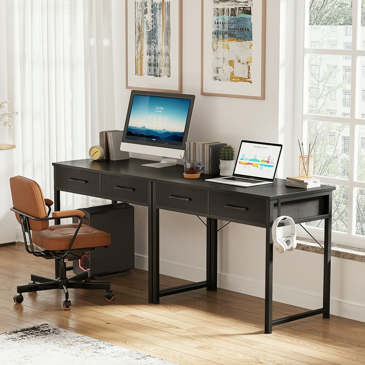 32 Inch Black Writing Desk with 2 Fabric Drawers, Modern Study Table with Storage for Student/Kids, Small Computer Desk for Small Space, Home Office Desk