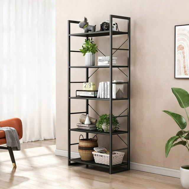 Ladder Bookshelf, 5 Tier Shelf Storage Organizer, Modern Book Shelf with Metal Frame for Bedroom, Living Room and Home Office, Black