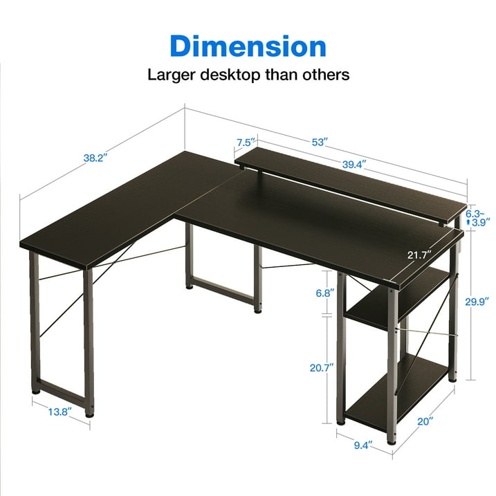 L Shaped Reversible Gaming Desk with Storage Shelves, 53-inch Home Office Desk, Corner Study Table with Monitor Stand, Modern Work Desk, Black