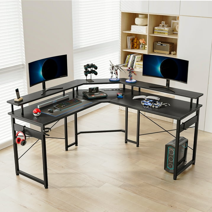 51 inch Computer Desk L Shaped with Led Lights & Power Outlets, Full-Sized Monitor Shelf, Corner Carbon Fiber Texture, Gaming Table with Hooks, Black Carbon Fiber