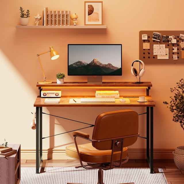 48 inch Computer Desk with Adjustable Monitor Stand(3.9”, 5.1”, 6.3”), Home Office Desk with Charging Station & LED Light, Simple Modern Style Laptop Desk for Small Space, Vintage