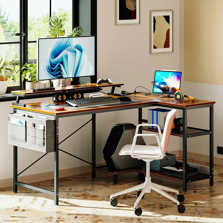 48 inch Reversible L Shaped Gaming Desk with USB Charging Port & Power Outlet, Corner Computer Desk with Storage Shelves/Bag, Home Office Desk with Monitor Shelf, Modern Writing Table, Vintage