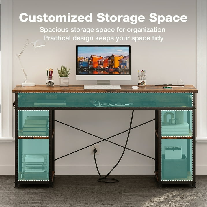 48 inch Simple Design Computer Desk with Charging Station, Modern Office Desk with Shelves, Vintage