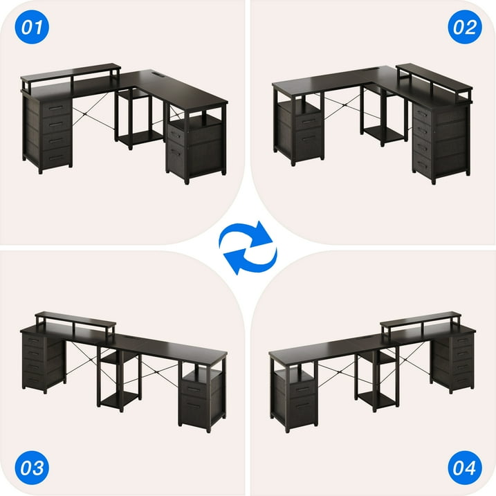 L Shaped Desk with Drawer, 59 inch Computer Desk with Monitor Stand, Reversible Corner Desk, Gaming Desk with Storage Shelves, Home Office Desk, Black