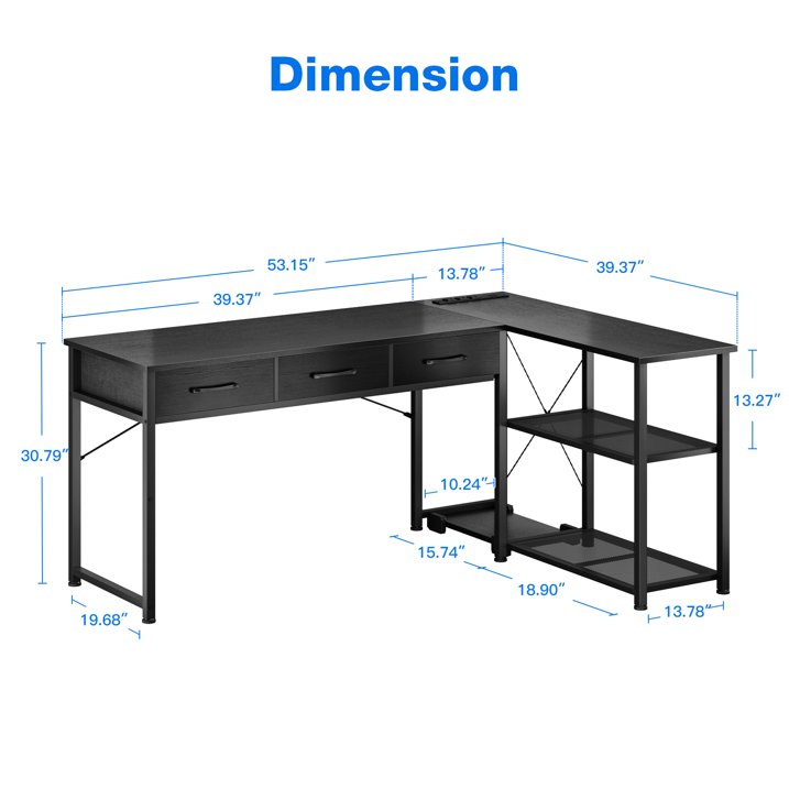 53 inch Reversible Office Desk with Power Outlets & USB Ports, Computer Gaming Desk with 3 Drawers, Writing Table with Storage Space for Bedroom, Black