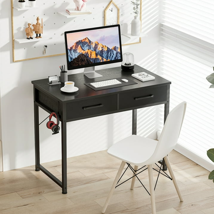 32 Inch Black Writing Desk with 2 Fabric Drawers, Modern Study Table with Storage for Student/Kids, Small Computer Desk for Small Space, Home Office Desk