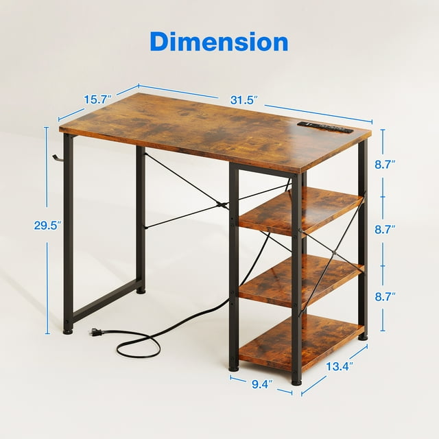 Modern Writing Desk with 3 Tier Shelves for Small Space, Computer Table with Power Outlet & USB Charging Port, Vintage