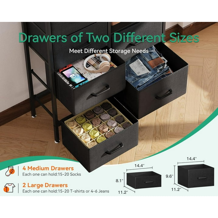 6 Drawer Dresser with 3 Power Outlets & 2 USB Charging Ports, Small Fabric Dresser with Shelves for Bedroom, Modern Chest of Drawers for Storage and Organization