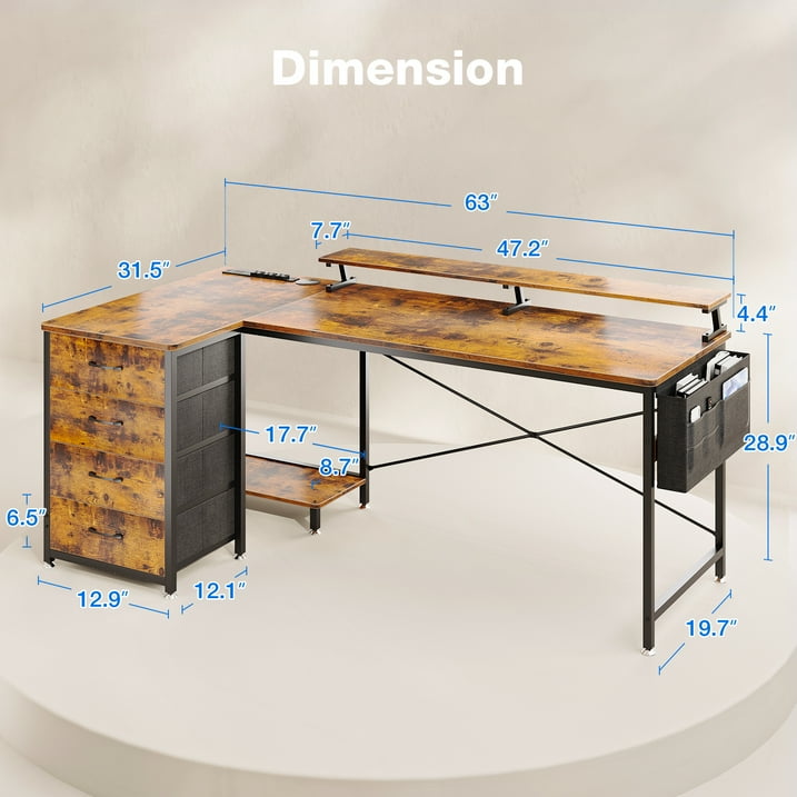 L Shaped Gaming Desk, 63 inch Corner Computer Desk with Power Outlet & USB Charging Port, Modern Writing Desk with 4-Tier Drawer & Monitor Shelf for Home Office, Vintage