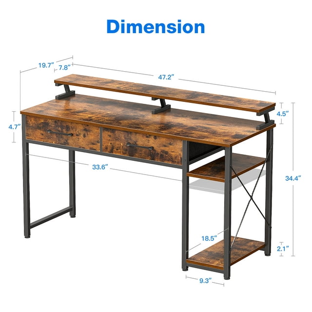 Computer Desk with Drawers and Storage Shelves, 48 inch Home Office Desk with Monitor Stand, Work Study PC Desk for Small Spaces, Rustic Brown