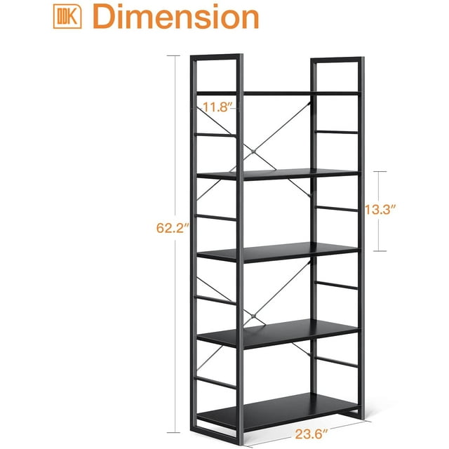 Ladder Bookshelf, 5 Tier Shelf Storage Organizer, Modern Book Shelf with Metal Frame for Bedroom, Living Room and Home Office, Black