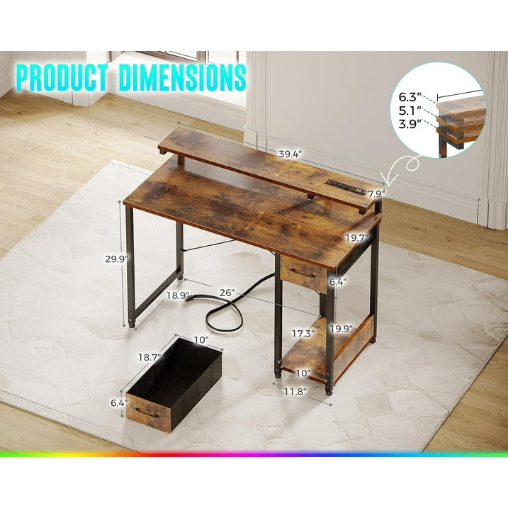 40 Inch Computer Desk with Drawers & Power Outlets, Study Writing Desk with Monitor Stand for Small Space, Modern Simple Style Laptop Desk for Bedroom, Gaming, Home Office, Vintage